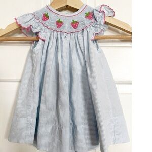 Petit Bebe Smocked Blue Stripe Strawberry Infant Dress Sz 12M